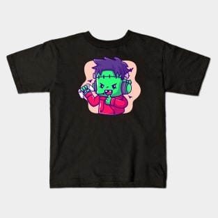 Cute Frankenstein Zombie Gaming And Thumbs Up Cartoon Kids T-Shirt